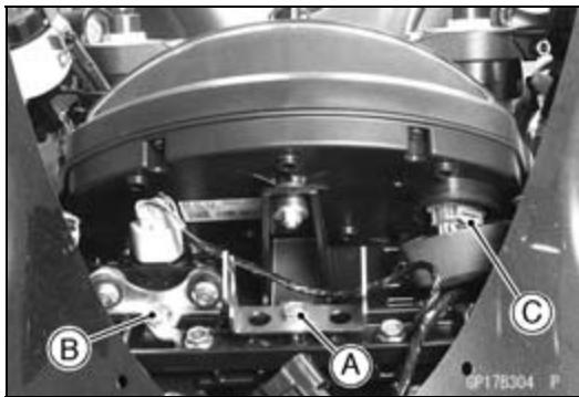 Technical diagram of a mechanical assembly with labeled components A, B, and C