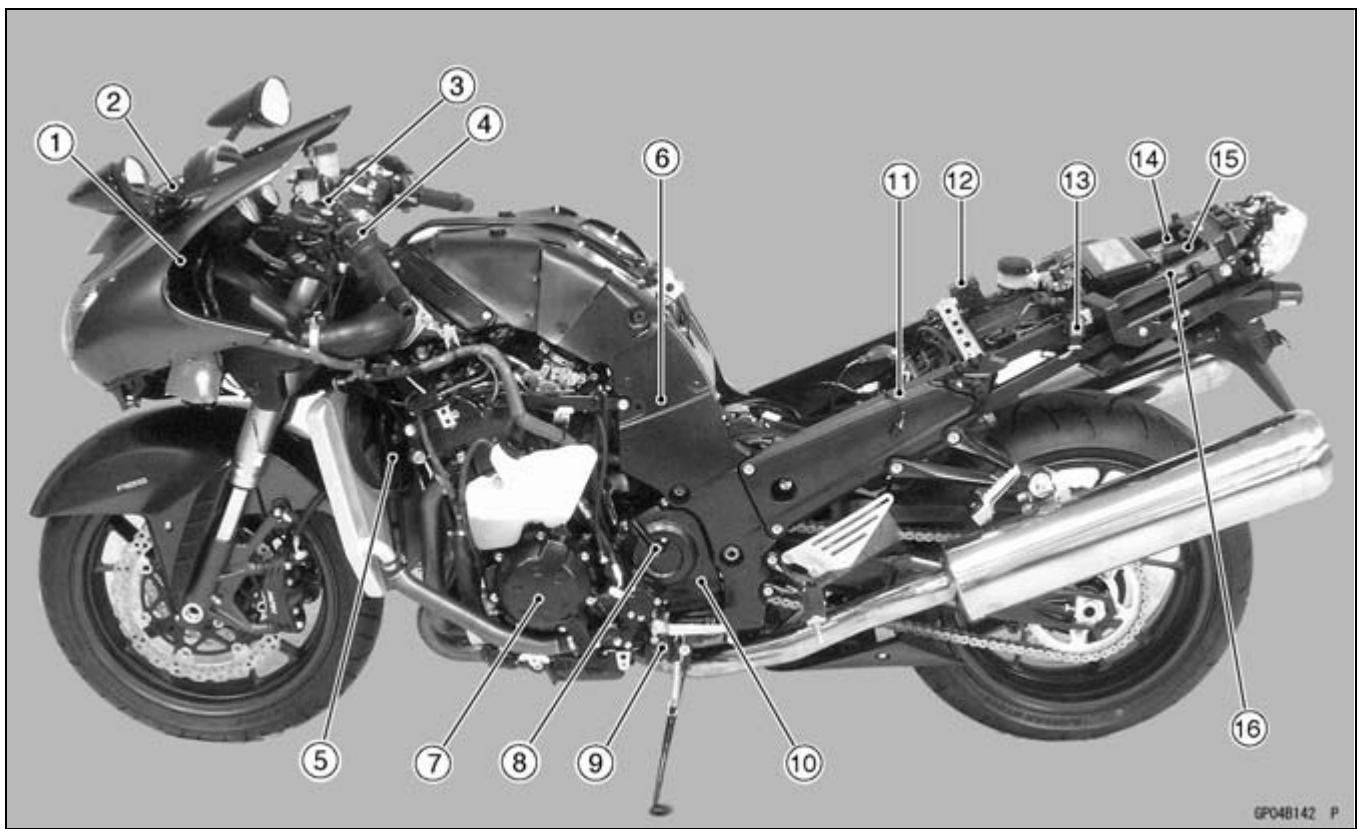Labeled diagram of a motorcycle with numbered parts for identification and assembly reference.