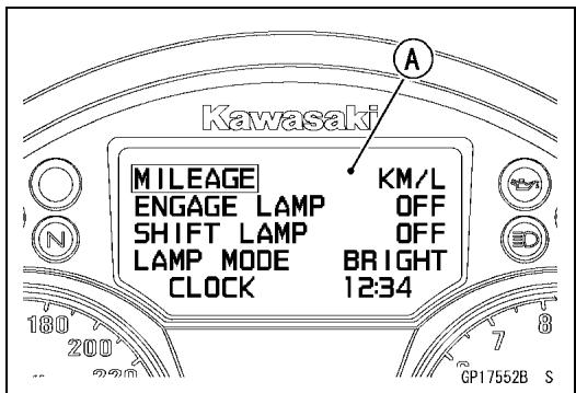 Kawasaki MILEAGE KM/L ENGAGE LAMP OFF SHIFT LAMP OFF LAMP MODE BRIGHT CLOCK 12:34 GP17552B S