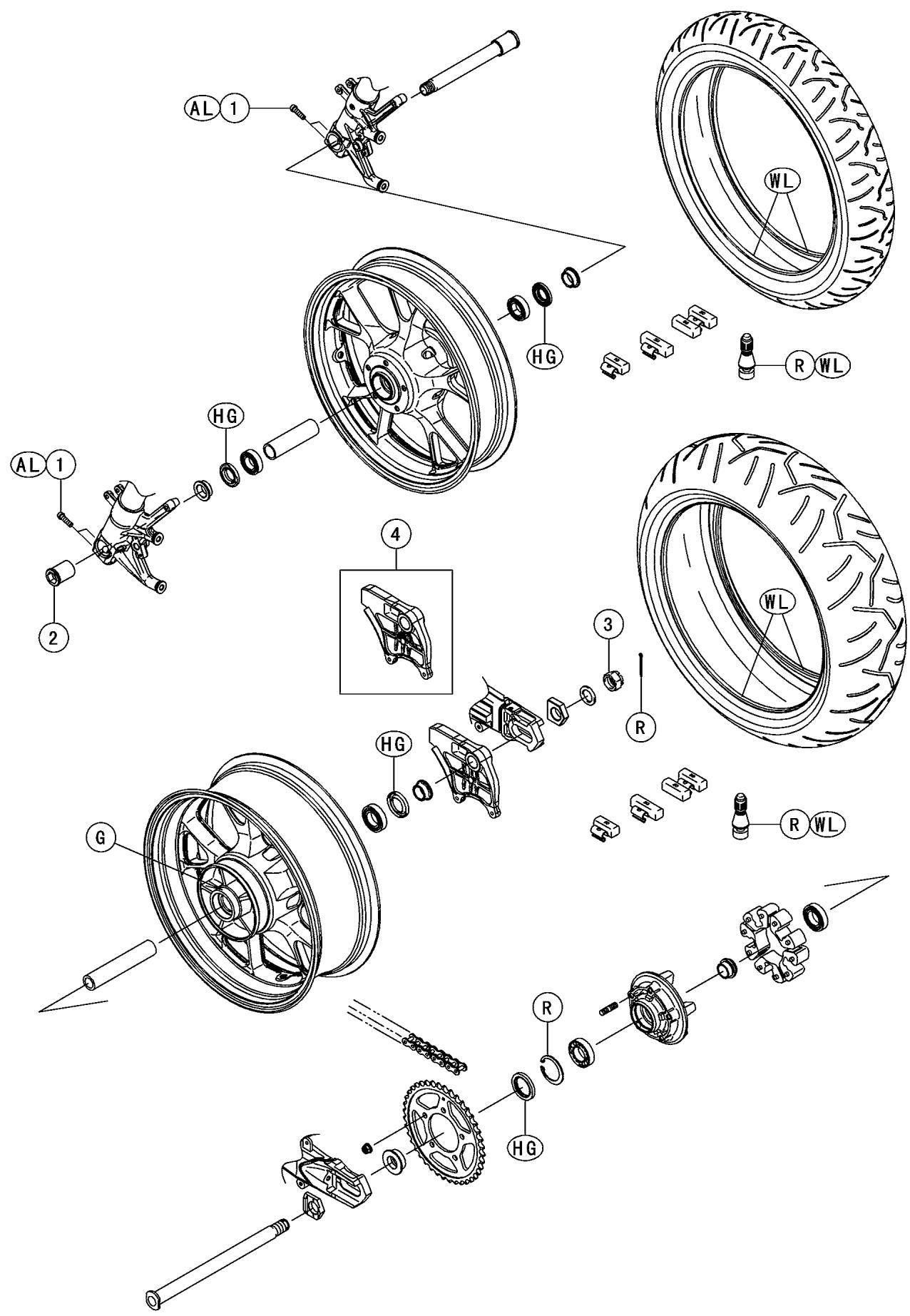 Exploded view diagram of a bicycle's internal components with labeled parts such as wheel, tire, and brake system