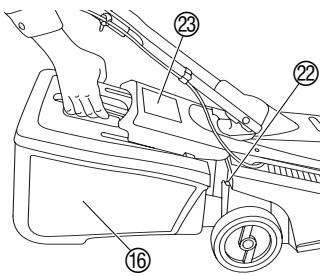 GARDENA 34 E BASICMOVE - DANGER! Foreign bodies thrown out of the mower can cause injuries!   → Only lift protective flap with the motor switched off and the cutting blade stationary. - 1