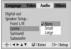 DAEWOO DQD-6100D - Select a Center Speaker. This submenu is valid when you are using an amplifier, which have the 5.1-CH analog audio input. If you have the Center speaker, please select "Small" or "Large". If not, select "None". - 1