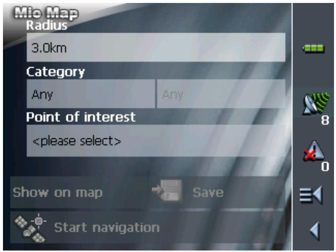 MIO MAP 2.0 - The POI NEARBY screen opens: - 1