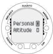 SUUNTO COBRA 2 - Setting the personal/altitude adjustments - 2