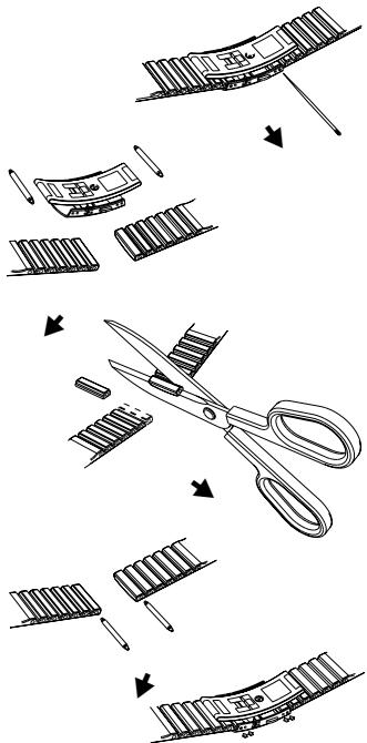 Diagram illustrating the step-by-step procedure for cutting a strip, showing steps from cutting to trimming with scissors and tape.