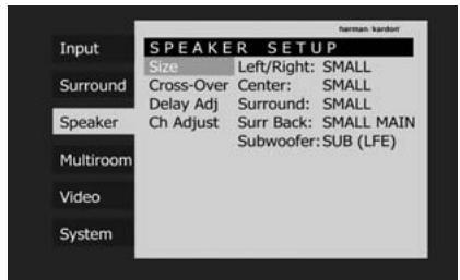 HARMAN KARDON AVR 350 - Speaker Size Setup - 1