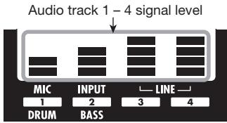 ZOOM PS04 - To adjust the level of audio tracks 1 - 4, bring up the AUDIO mode top screen and use faders 1 - 4 while performing playback with the recorder. - 1