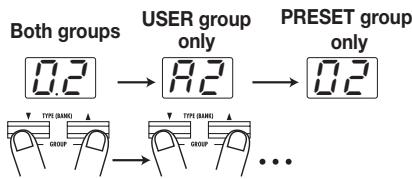 ZOOM 707II - It is also possible to set up the unit so that only patches from the USER group or from the PRESET group are switched. To do this, press both TYPE [▼]/[▲] keys together. - 1