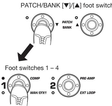 ZOOM B91UT - To switch to a patch in another bank, use the PATCH/BANK [▼]/[▲] foot switches to change the bank and then use foot switches 1 - 4 to select the patch. - 1