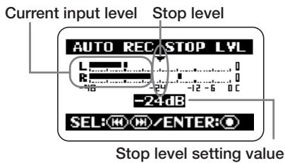 ZOOM H2 - If you want the recording to also stop automatically, set the auto stop function to ON and specify the stop level. - 2