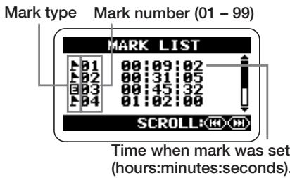 ZOOM H2 - Bring up the MARK LIST screen. - 1