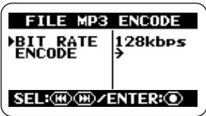 ZOOM H2 - Bring up the FILE MP3 ENCODE screen. - 1