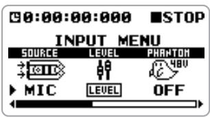 ZOOM H4 - Écran d'accueil du mode stéréo, pressez le bas (INPUT MENU) de la touche [MENU] - 1