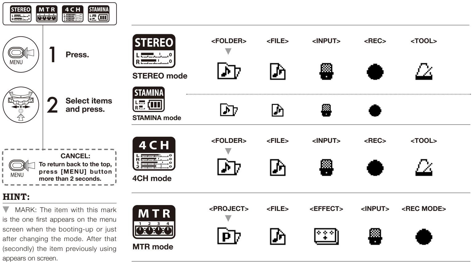 ZOOM H4NEXT - 8-4 screen: MAIN MENU - 1