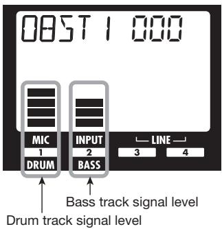 ZOOM PS-04 - To adjust the drum track or bass track signal level, press the [RHYTHM] key to bring up the RHYTHM mode top screen and then use faders 1 and 2. - 1