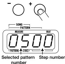 ZOOM RT-123 - STEP4 Use the [VALUE +/-] keys to select the user pattern number to be assigned to the first step. - 1