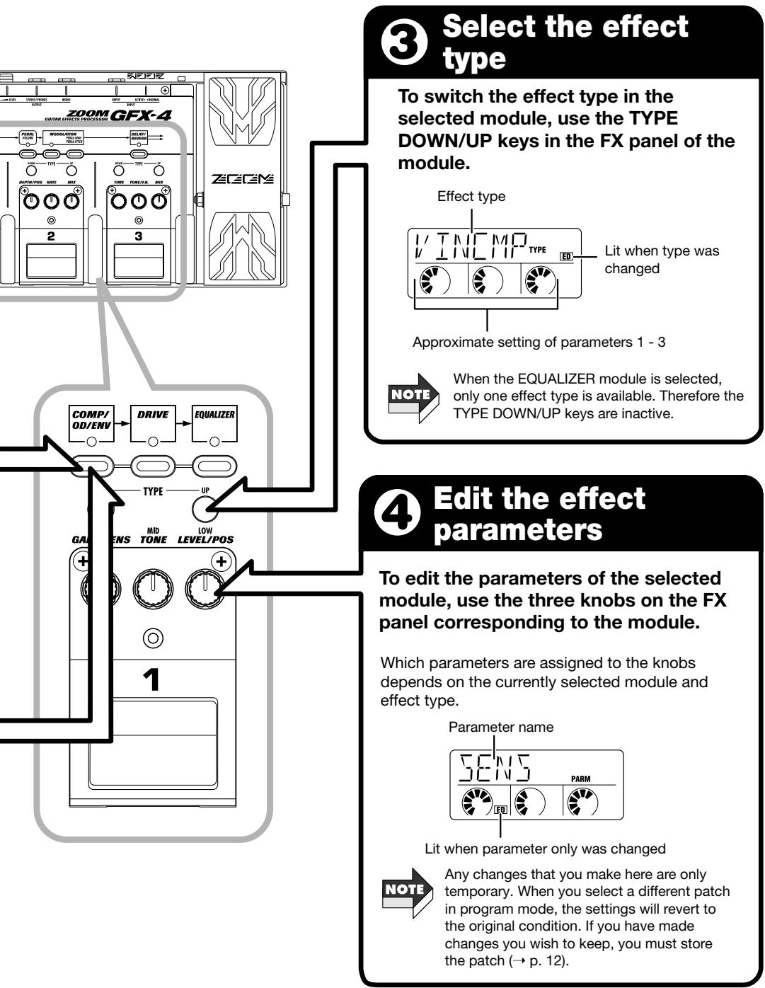 ZOOM GFX4 - To toggle the selected module between on and off, press the FX panel key corresponding to that module. - 7