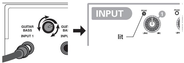 ZOOM MRS1608 - While playing your guitar, adjust the [GUITAR/BASS INPUT] control 1 to adjust the input sensitivity. - 1