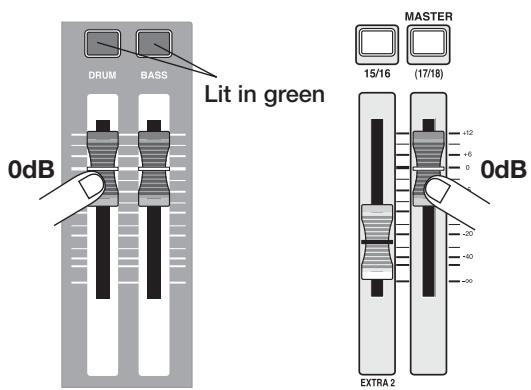 ZOOM MRS1608 - Verify that the [DRUM]/[BASS] status keys are lit in green. Then set the [DRUM]/[BASS] faders and the [MASTER] fader to 0 (dB). - 1