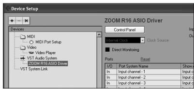 ZOOM R16AI - Open the Device Setup Dialog Box in Cubase 4 LE - 1