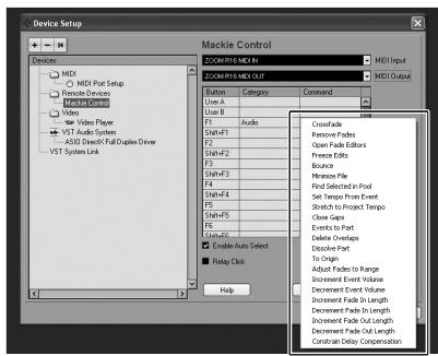 ZOOM R16AI - Click on the "Command" column and select the desired specific Cubase LE 4 function from the pop-up menu. - 1