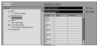 ZOOM R16AI - From the (Button) column choose the function key [F1~F5] to be assigned a Cubase LE 4 function. - 1