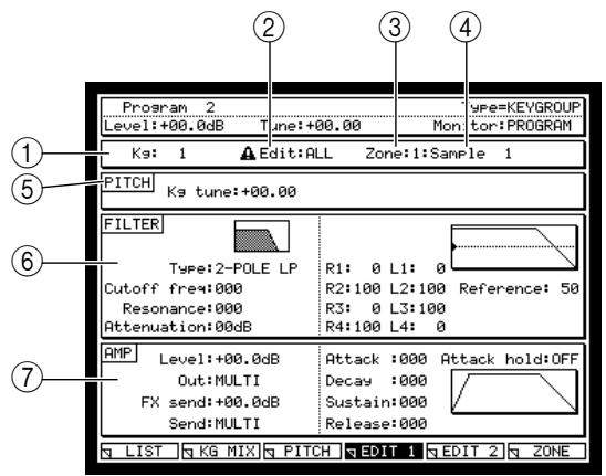 AKAI MPC4000 - In the Program mode Key Group page, press the [F4] key (EDIT 1). - 1