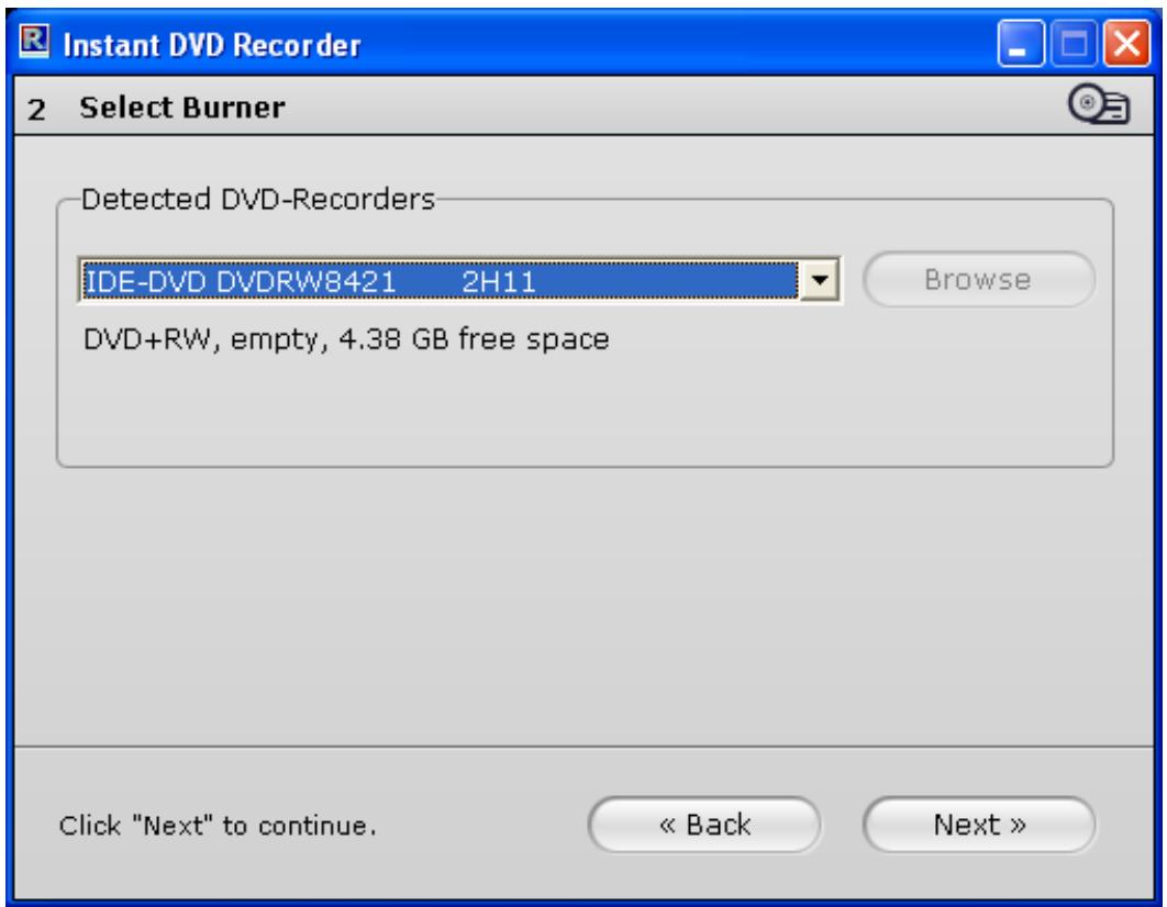 PINNACLE INSTANT DVD RECORDER - Window 2: Select a burner and insert the DVD - 1