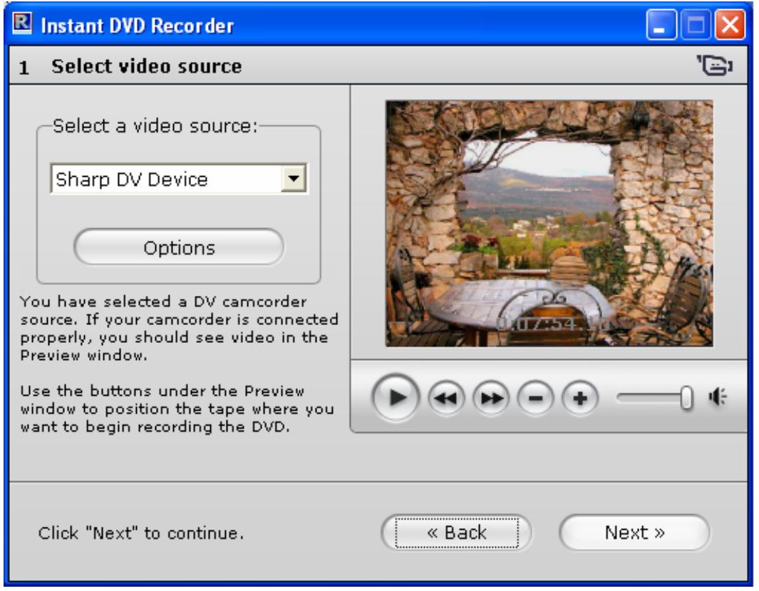 PINNACLE INSTANT DVD RECORDER - Window 1: Select video source - 1