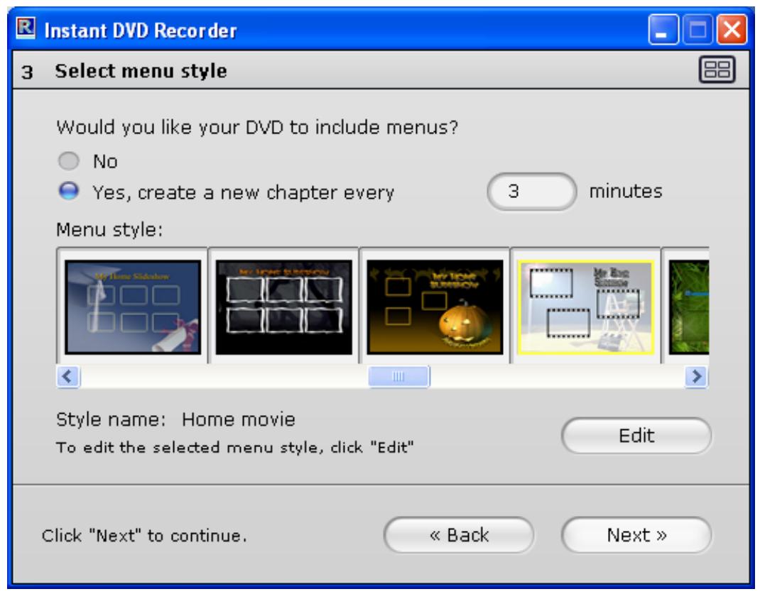 PINNACLE INSTANT DVD RECORDER - Window 3: Select menu style - 1