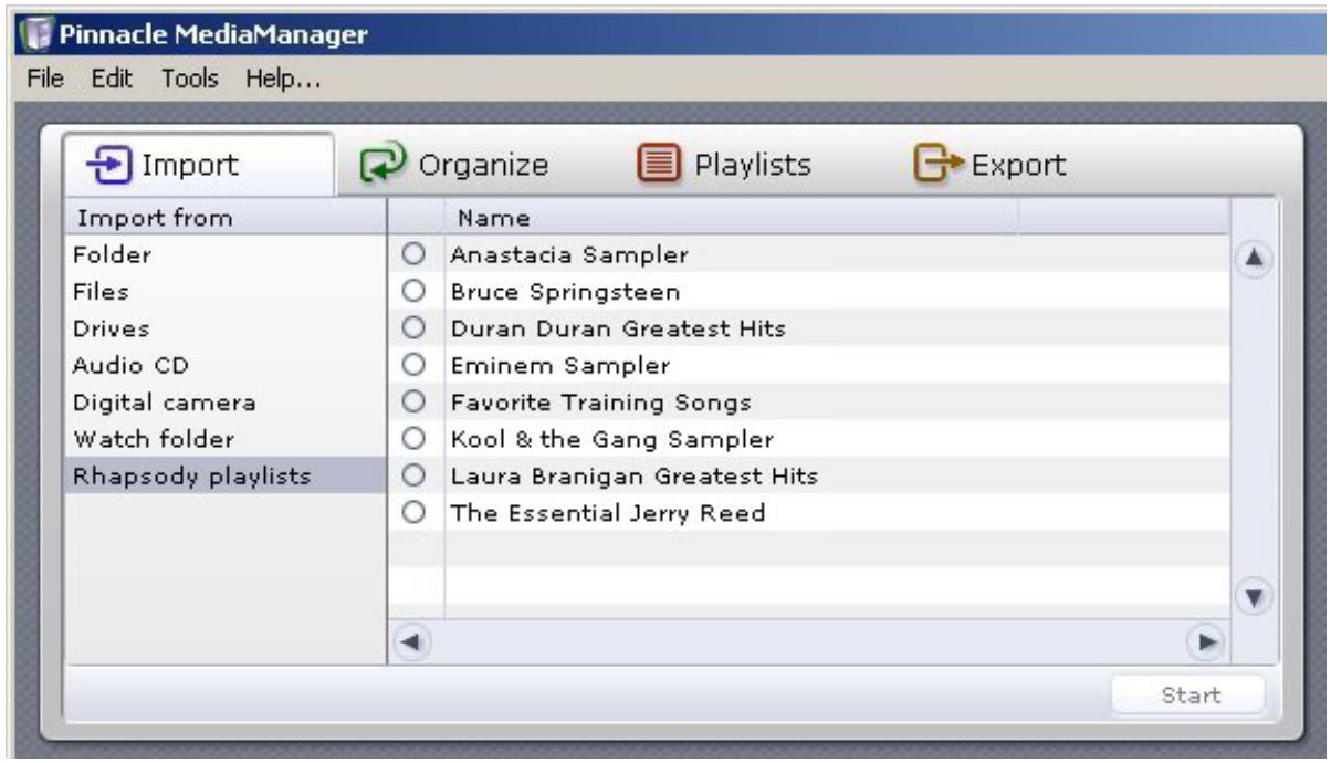 PINNACLE SHOWCENTER - Import - Rhapsody Playlists - 2