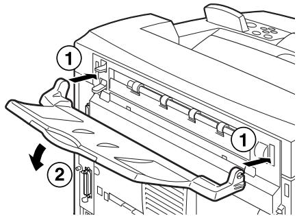 Technical diagram of a printer or printer mechanism with numbered components and directional arrows indicating assembly steps.