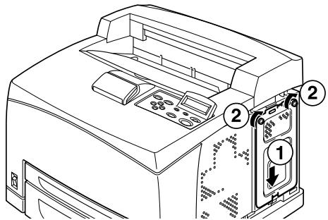 Technical diagram of a printer with labeled parts and directional arrows indicating movement or assembly.