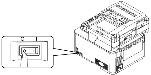 Technical diagram showing a device with labeled ports and an inset view of a finger pointing to a button.