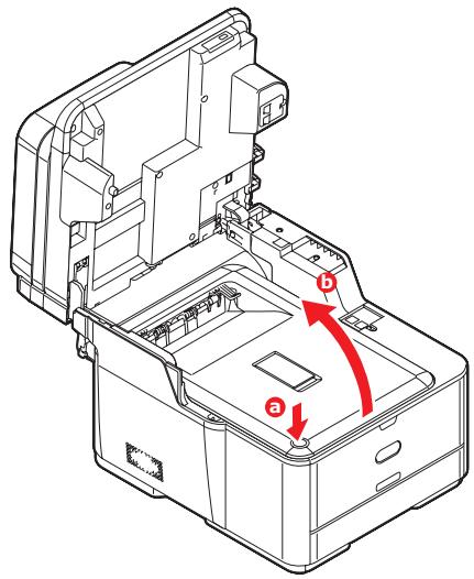 Technical diagram of a device casing with labeled parts and red directional arrows indicating movement or flow.