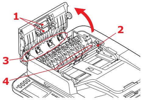 Technical diagram of a vehicle interior with numbered components and red directional arrows indicating movement or flow.