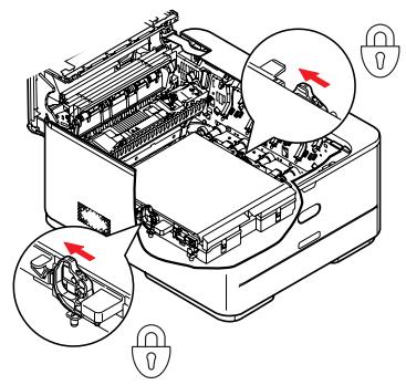 Technical diagram of a printer with labeled parts and directional arrows indicating internal components