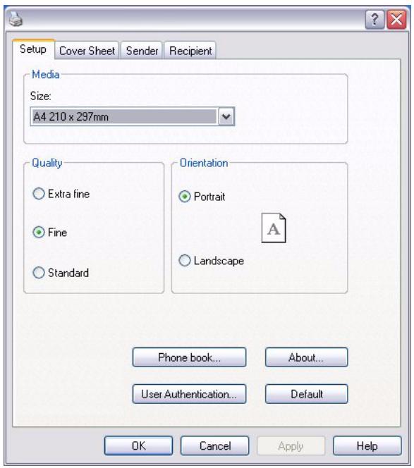 Setup Cover Sheet Sender Recipient Media Size: A4 210 x 297mm Quality Extra fine Fine Standard Orientation Portrait Landscape Phone book... About... User Authentication... Default OK Cancel Apply Help