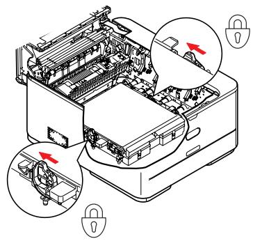 Technical diagram of a printer with labeled parts and directional arrows indicating process flow or assembly.