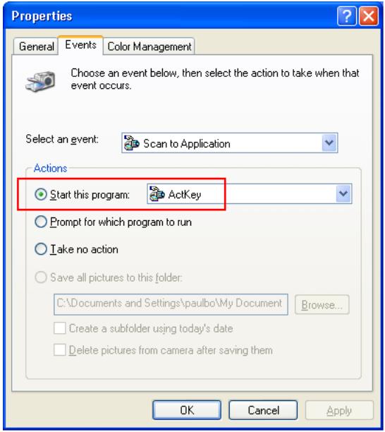Properties General Events Color Management Choose an event below, then select the action to take when that event occurs. Select an event: Scan to Application Actions Start this program: ActKey Prompt for which program to run Take no action Save all pictures to this folder: C:\Documents and Settings\paulbo\My Document Browse... Create a subfolder using today's date Delete pictures from camera after saving them OK Cancel Apply