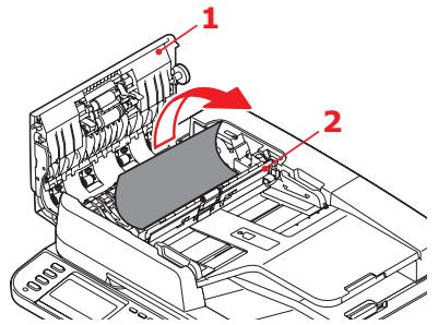 Technical diagram of a printer internal structure with numbered components and directional arrows indicating motion or movement.