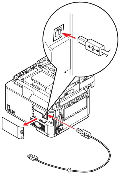 Technical diagram showing installation of a device with labeled components and red arrows indicating connection points