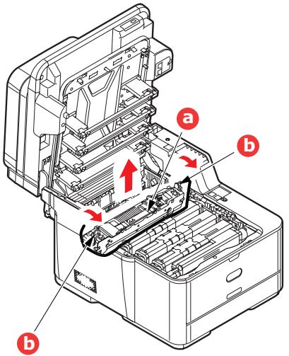 Technical diagram of an open printer with labeled parts (a, b) and directional arrows indicating internal components.