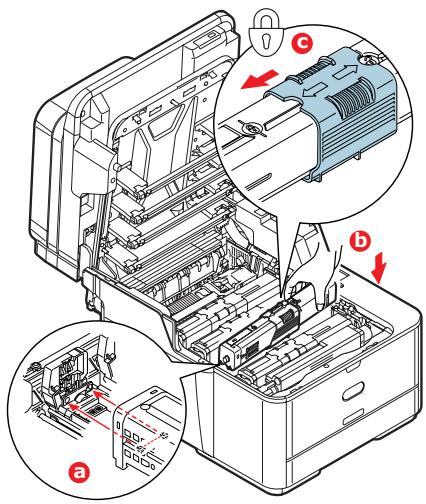 Technical diagram of a printer internal structure with labeled parts and directional arrows indicating assembly or inspection.