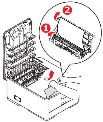 Diagram showing a printer's internal structure with labeled parts and a magnified view of the printer's internal structure.