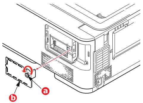 Technical diagram showing a device panel with labeled parts (a and b) and a red annotation arrow indicating a component.