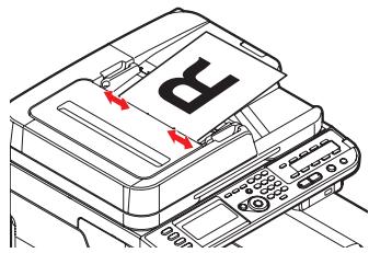Diagram of a printer with red arrows indicating file orientation or movement, showing a page with letter 'P' and control panel.