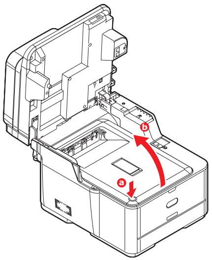 Technical diagram of a device casing with labeled components and red directional arrows indicating movement or flow.