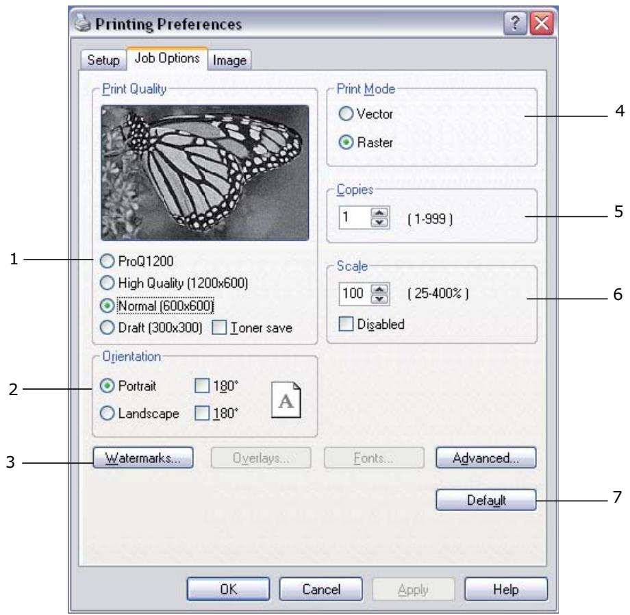Printing Preferences Setup Job Options Image Print Quality ProQ1200 High Quality (1200x600) Normal (600x600) Draft (300x300) Toner save Orientation Portrait 180° Landscape 180° Watermarks... Overlays... Fonts... Advanced... Default OK Cancel Apply Help 4 5 Scale 100 (1-999) (25-400%) Disabled 7