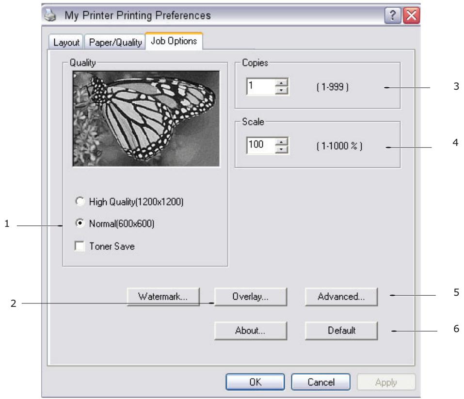 My Printer Printing Preferences Layout Paper/Quality Job Options Quality Copies 1 (1-999) Scale 100 (1-1000 %) High Quality(1200x1200) Normal(600x600) Toner Save Watermark... Overlay... Advanced... About... Default OK Cancel Apply 3 4 5 6